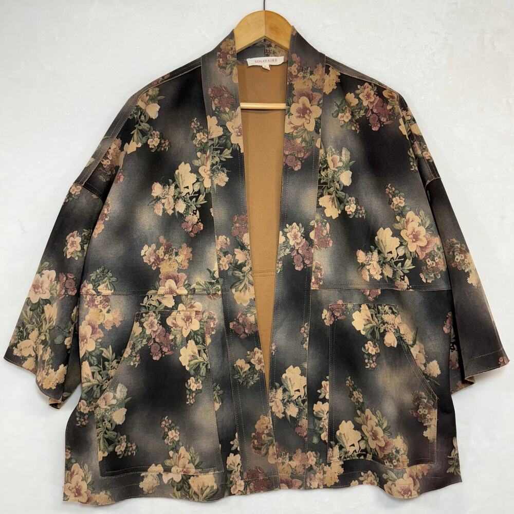 Solitaire S Brown Faux Suede Floral Open Front Jacket Kimono Retro Boho Funky